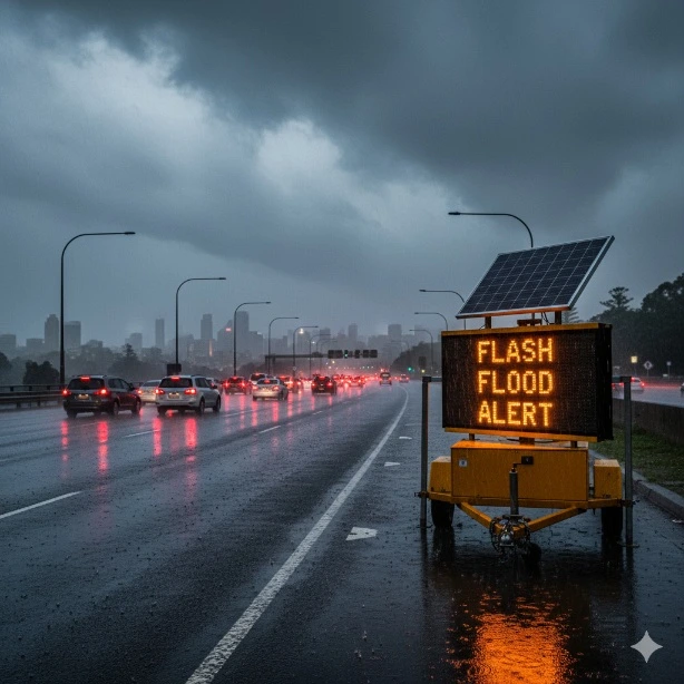VMS board displaying 'FLASH FLOOD ALERT' on a rainy road